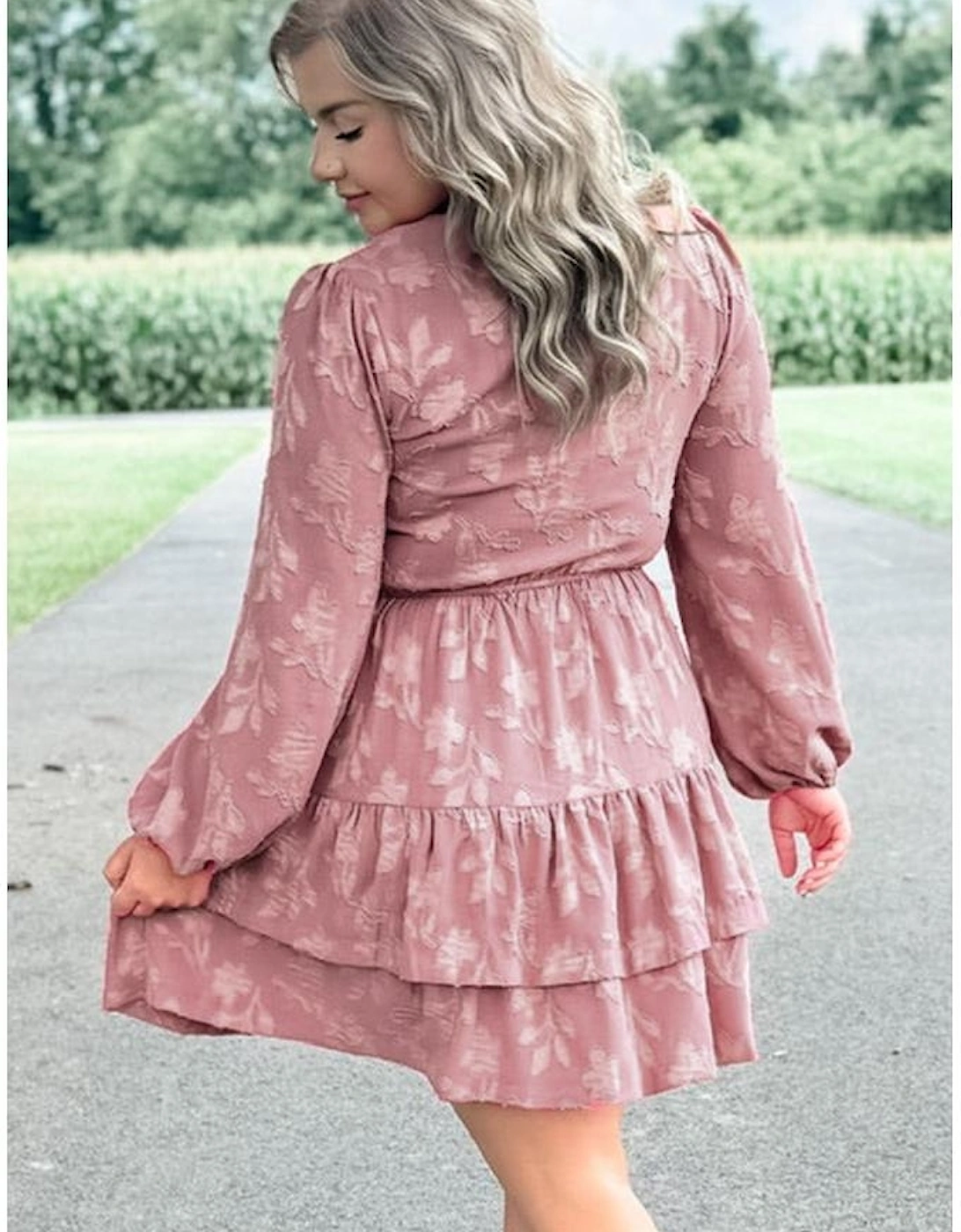 Peach Blossom Floral Surplice V Neck Tiered Ruffled Plus Size Dress