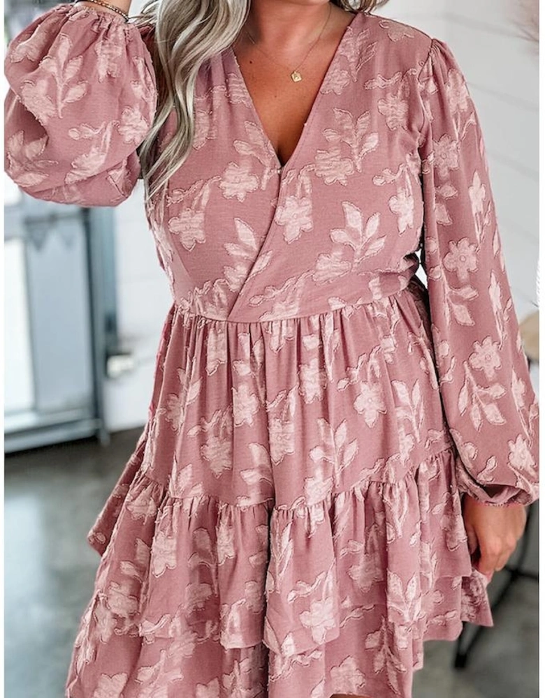 Peach Blossom Floral Surplice V Neck Tiered Ruffled Plus Size Dress