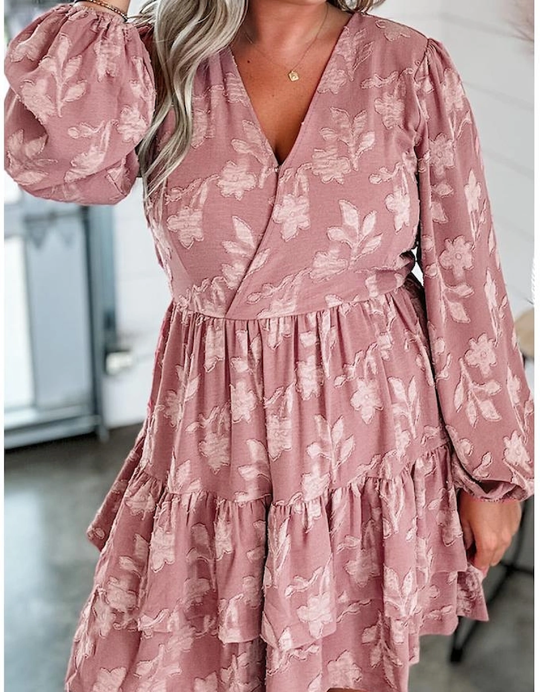 Peach Blossom Floral Surplice V Neck Tiered Ruffled Plus Size Dress