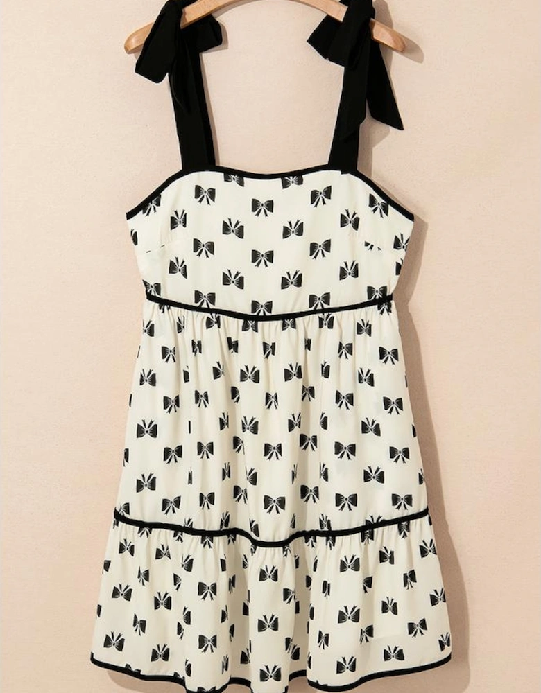 White Bow Knot Color Contrast Trim Knotted Shoulder Mini Dress