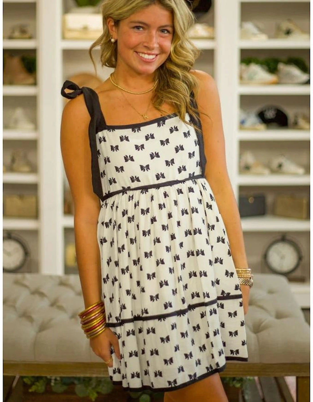 White Bow Knot Color Contrast Trim Knotted Shoulder Mini Dress, 14 of 13