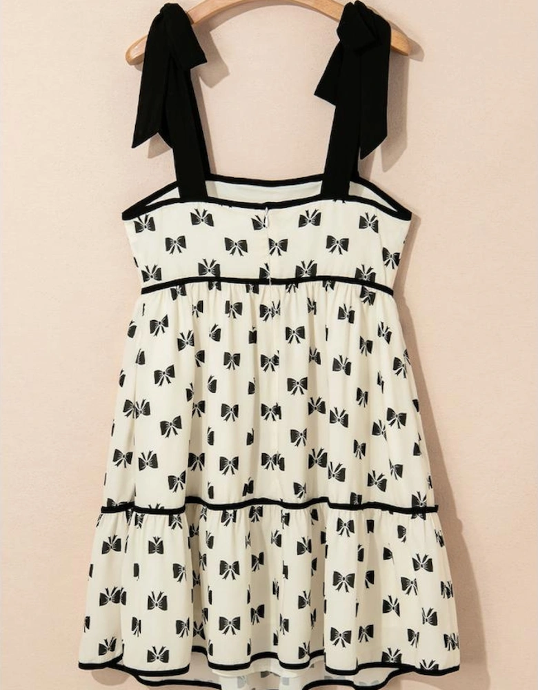White Bow Knot Color Contrast Trim Knotted Shoulder Mini Dress