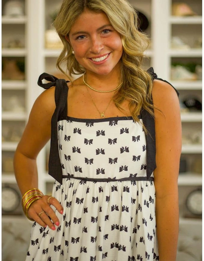 White Bow Knot Color Contrast Trim Knotted Shoulder Mini Dress