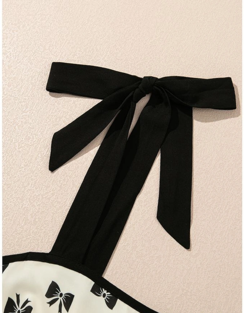 White Bow Knot Color Contrast Trim Knotted Shoulder Mini Dress