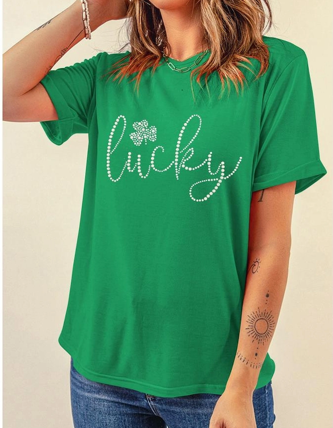 Bright Green Ceramic Rhinestone Lucky Clover Graphic Tee