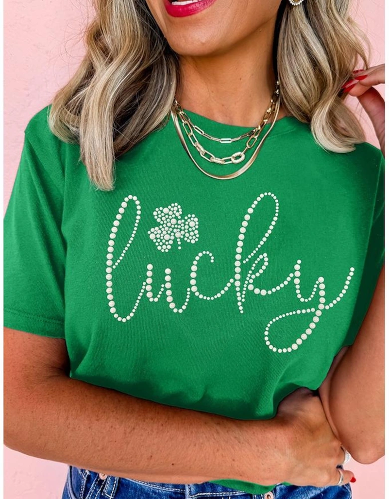 Bright Green Ceramic Rhinestone Lucky Clover Graphic Tee