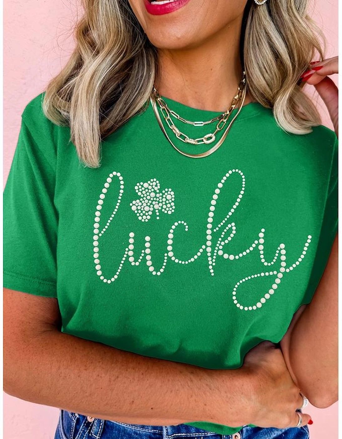 Bright Green Ceramic Rhinestone Lucky Clover Graphic Tee
