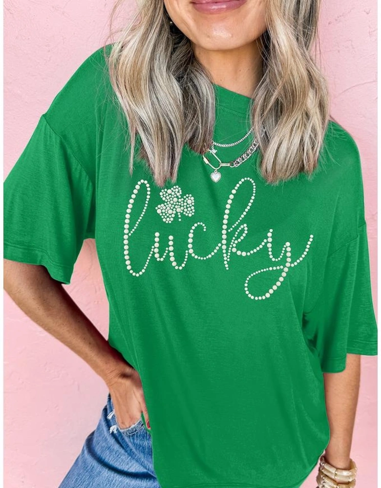 Bright Green Ceramic Rhinestone Lucky Clover Graphic Tee