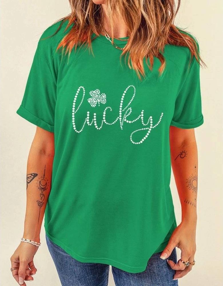 Bright Green Ceramic Rhinestone Lucky Clover Graphic Tee