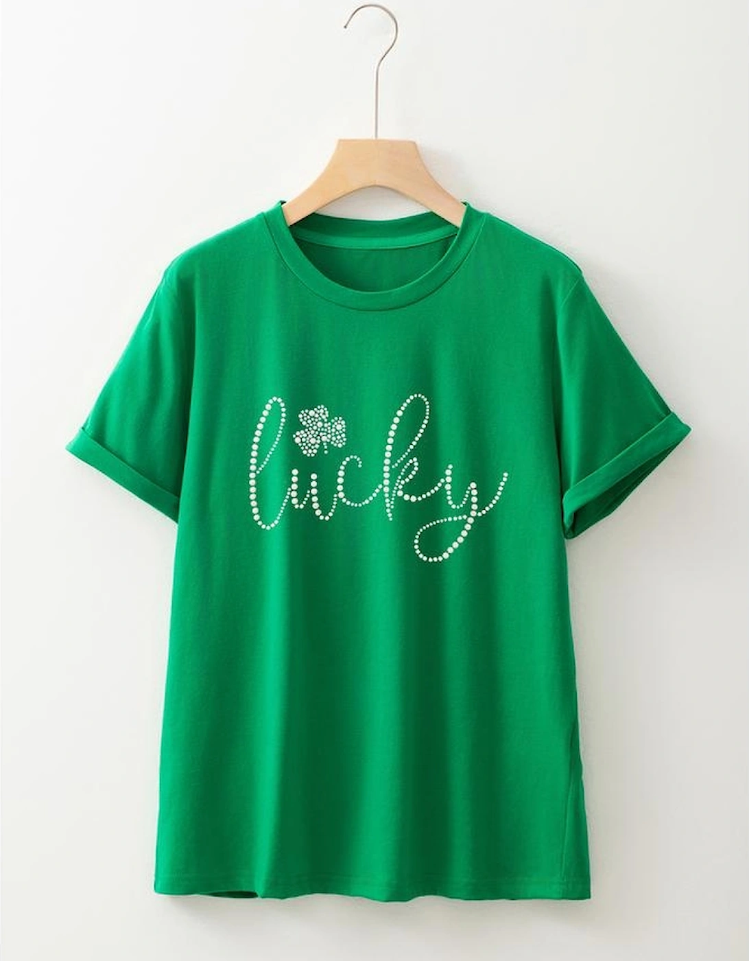 Bright Green Ceramic Rhinestone Lucky Clover Graphic Tee