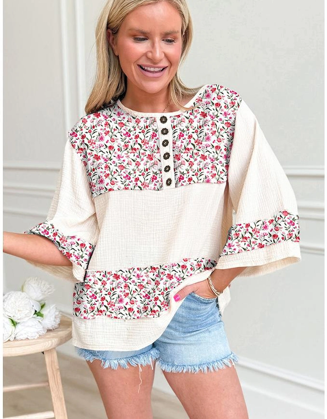 Red Floral Print Gauze Patchwork Henley Button 3/4 Sleeve Blouse