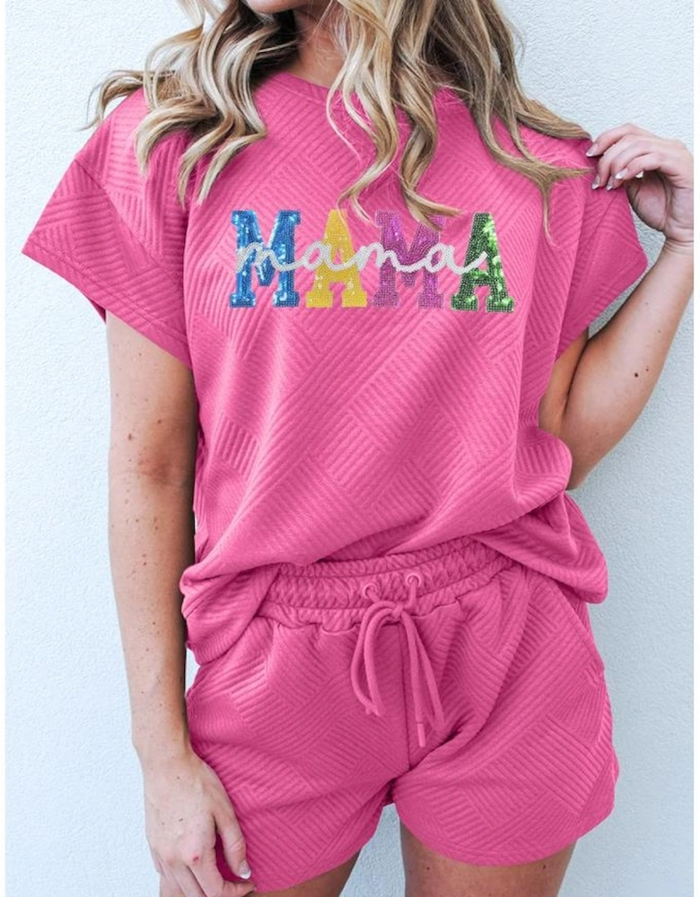 Strawberry Pink Sequined MAMA Letter Graphic Textured Short 2pcs Set