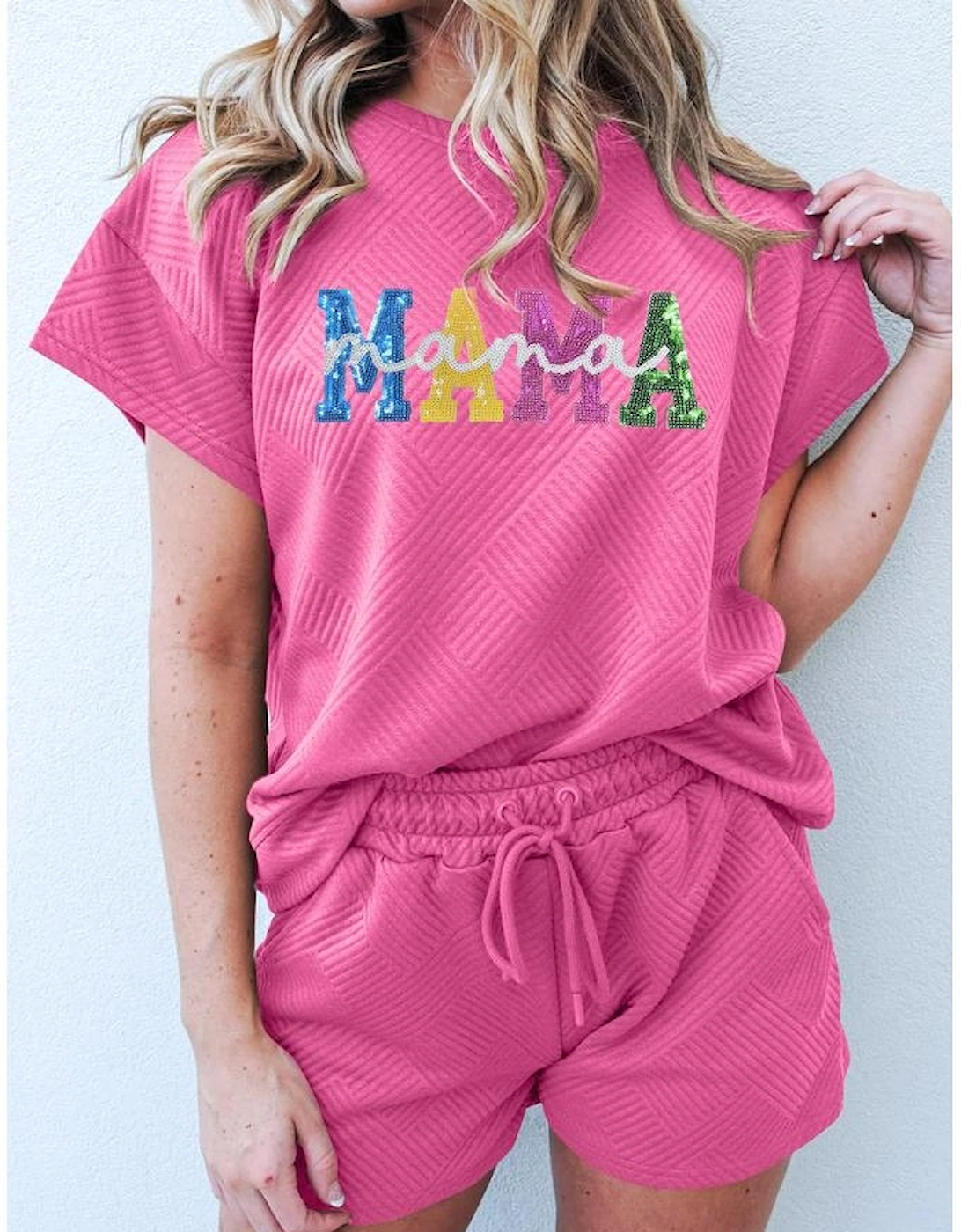 Strawberry Pink Sequined MAMA Letter Graphic Textured Short 2pcs Set, 9 of 8