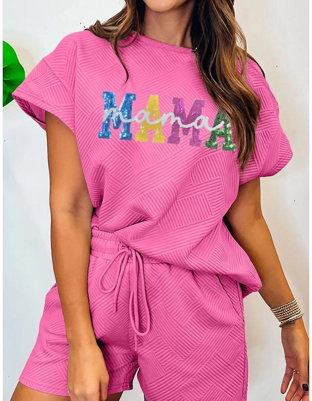 Strawberry Pink Sequined MAMA Letter Graphic Textured Short 2pcs Set
