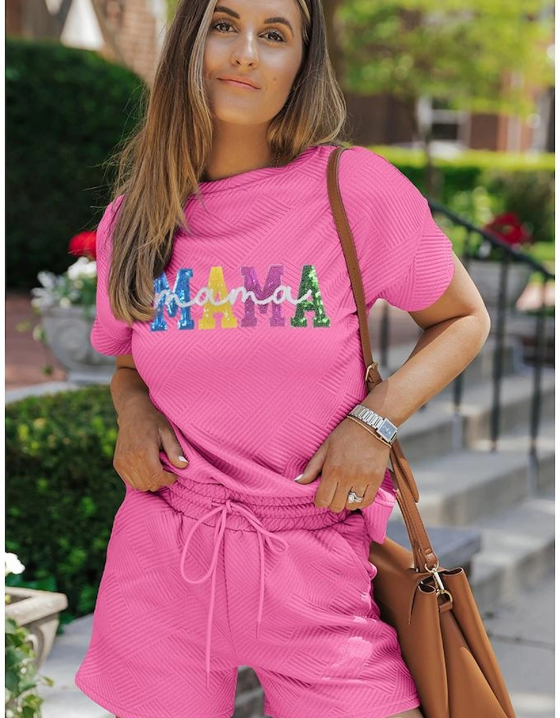 Strawberry Pink Sequined MAMA Letter Graphic Textured Short 2pcs Set