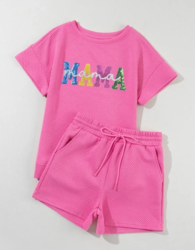 Strawberry Pink Sequined MAMA Letter Graphic Textured Short 2pcs Set
