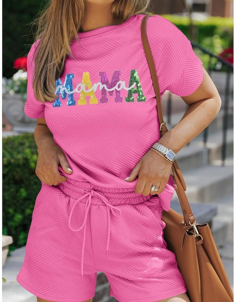Strawberry Pink Sequined MAMA Letter Graphic Textured Short 2pcs Set
