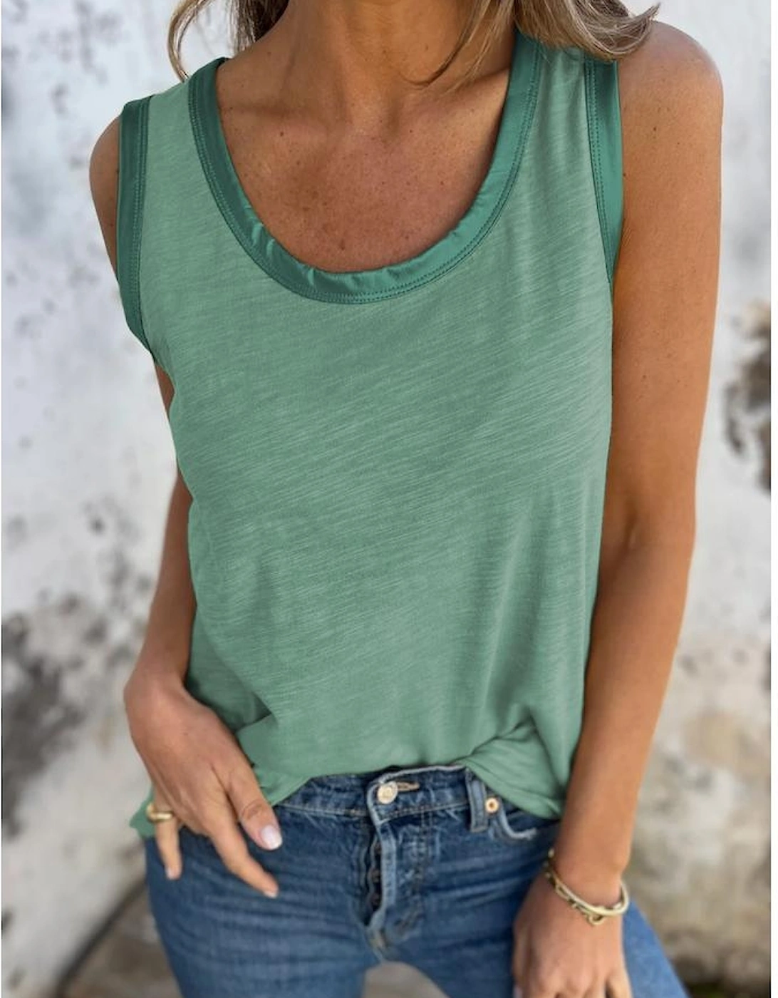 Mist Green Metallic Sheen Edge Scoop Neck Tank Top