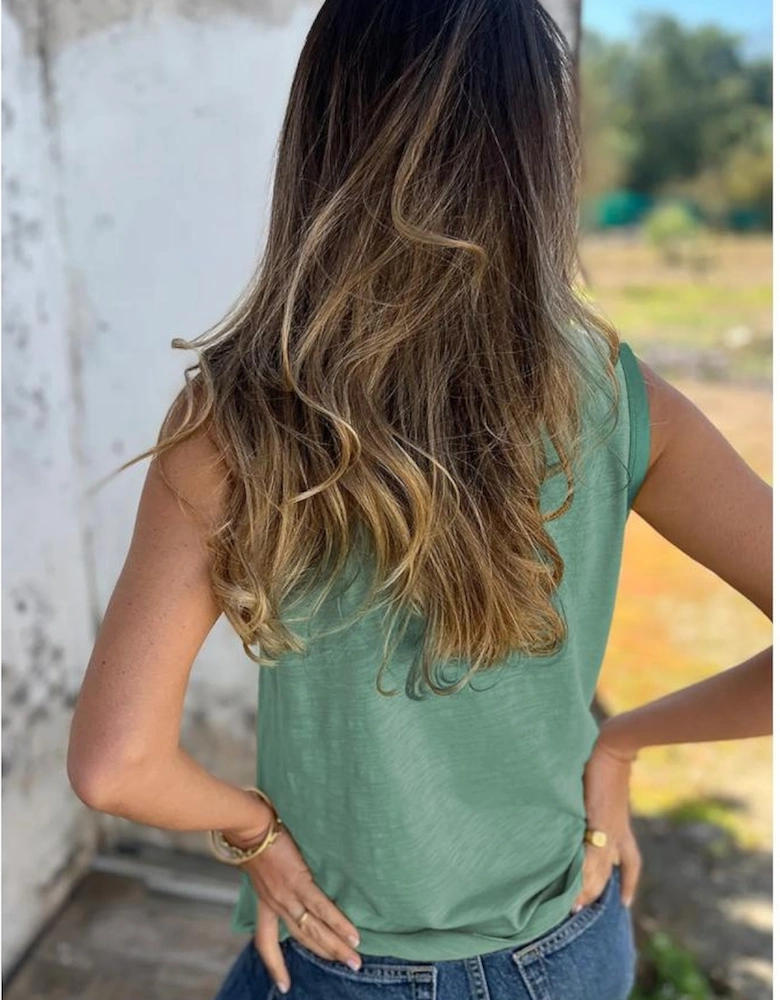 Mist Green Metallic Sheen Edge Scoop Neck Tank Top