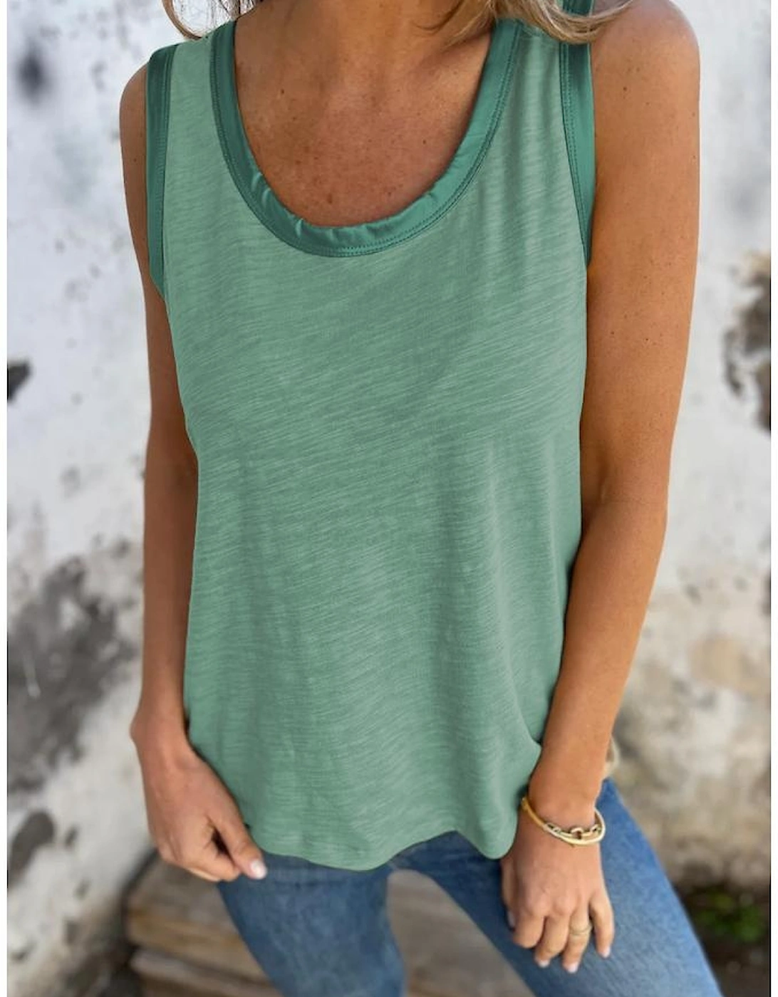 Mist Green Metallic Sheen Edge Scoop Neck Tank Top