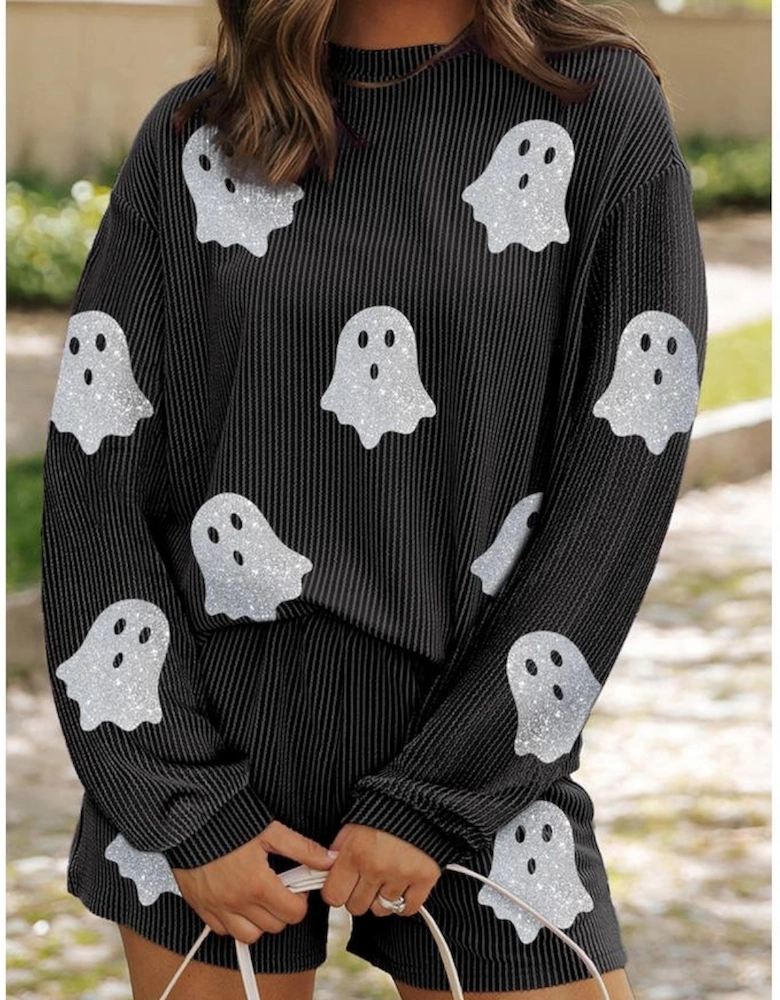 Carbon Grey Halloween Ghost Graphic Corded Pullover and Shorts Two Piece Set