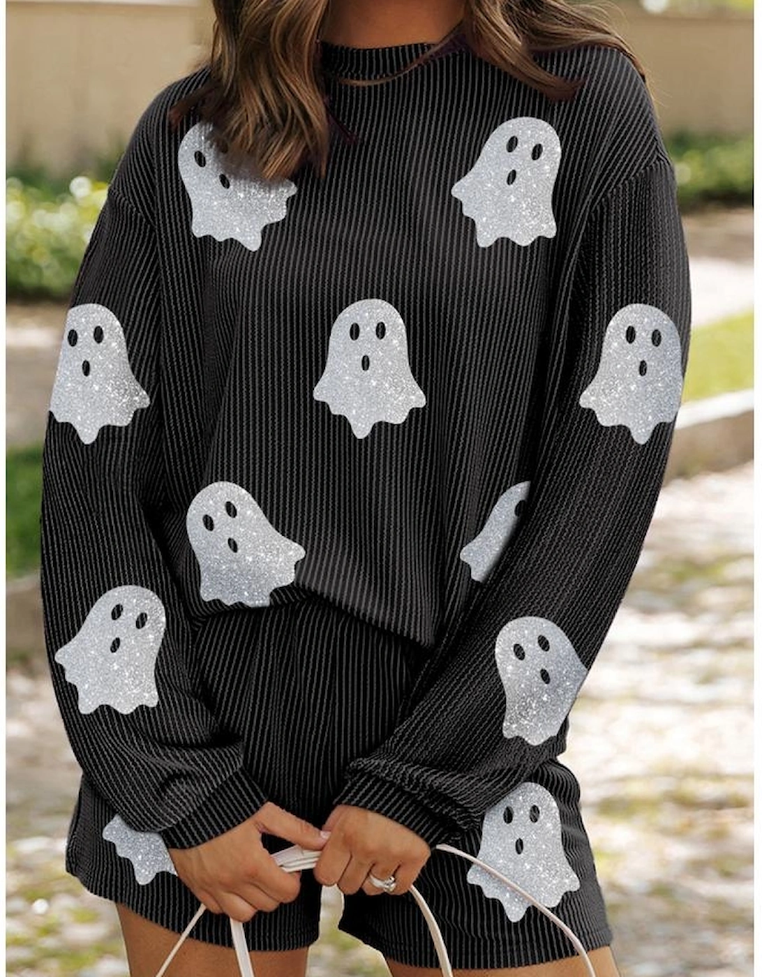 Carbon Grey Halloween Ghost Graphic Corded Pullover and Shorts Two Piece Set, 3 of 2