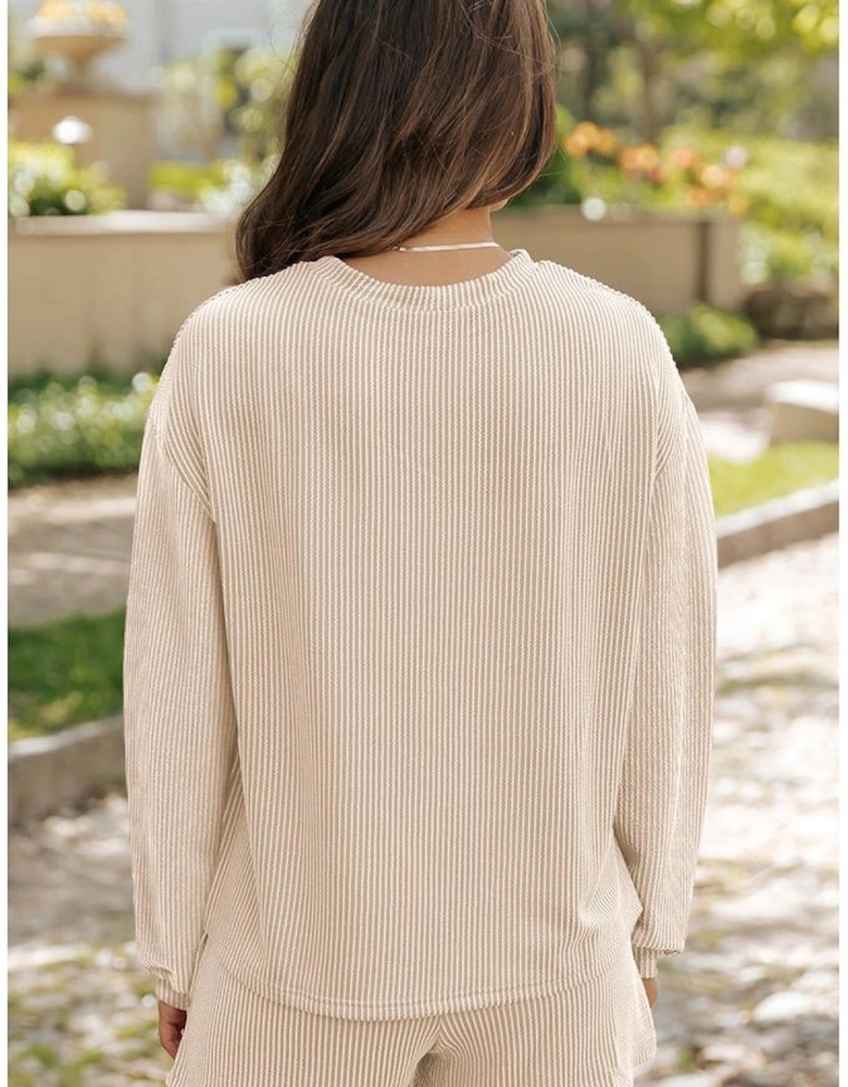 Parchment Corded Knit Long Sleeve Top and High Waist Shorts Set