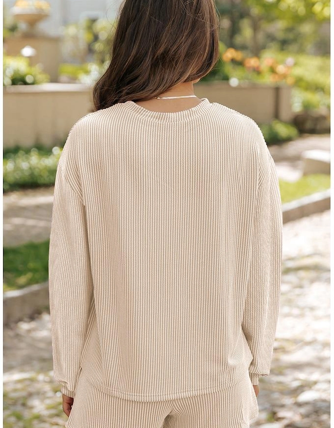 Parchment Corded Knit Long Sleeve Top and High Waist Shorts Set