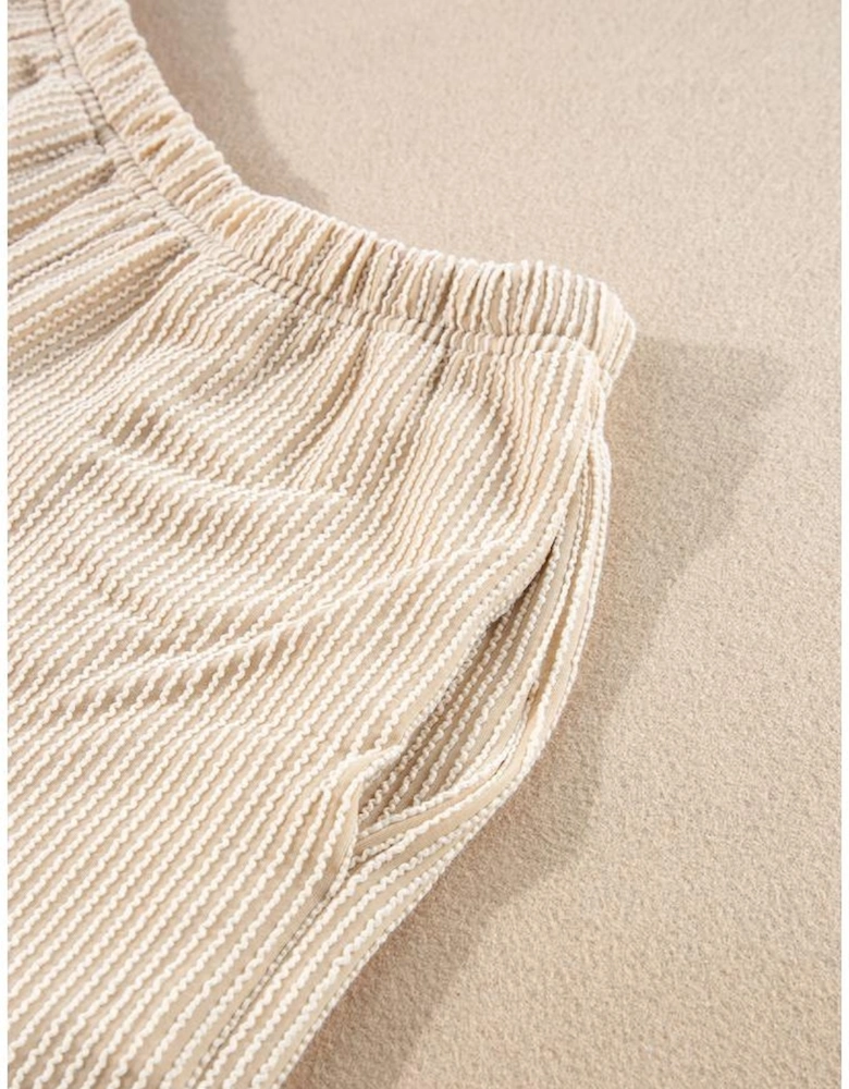 Parchment Corded Knit Long Sleeve Top and High Waist Shorts Set