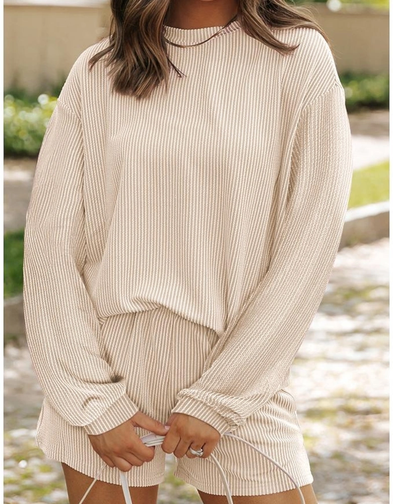 Parchment Corded Knit Long Sleeve Top and High Waist Shorts Set
