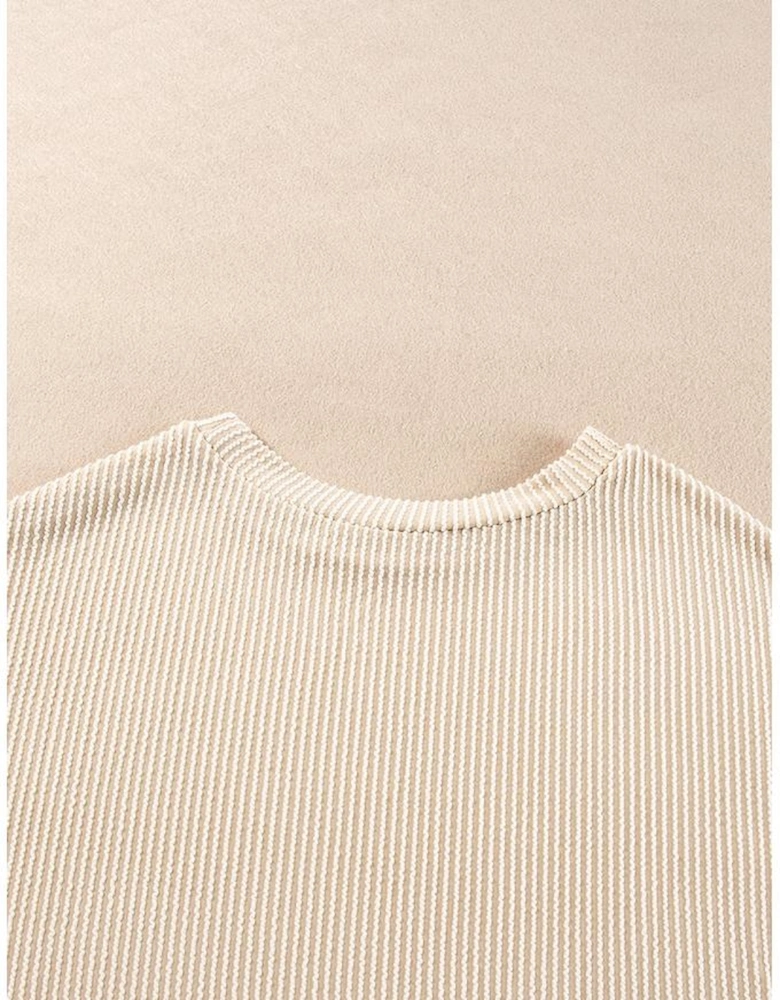 Parchment Corded Knit Long Sleeve Top and High Waist Shorts Set