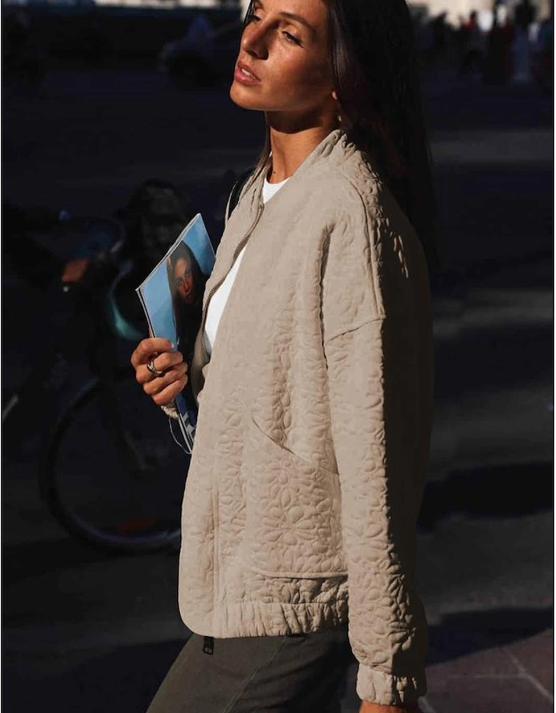 Light French Beige Floral Quilted Jacket