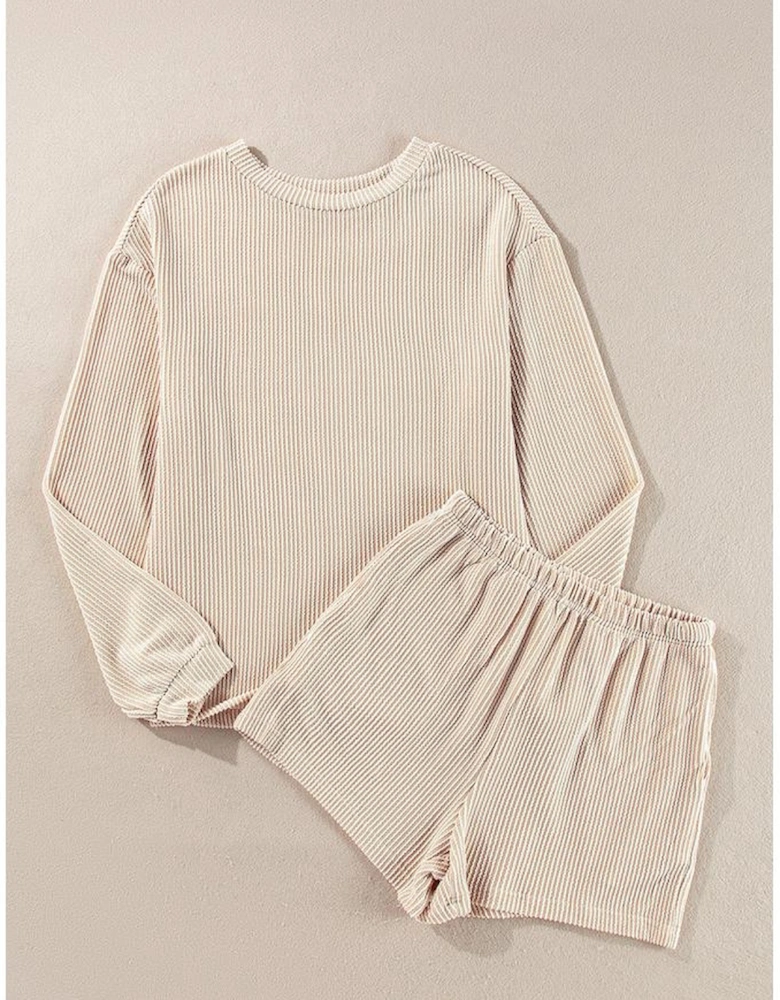 Parchment Corded Knit Long Sleeve Top and High Waist Shorts Set