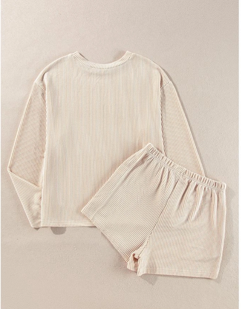 Parchment Corded Knit Long Sleeve Top and High Waist Shorts Set