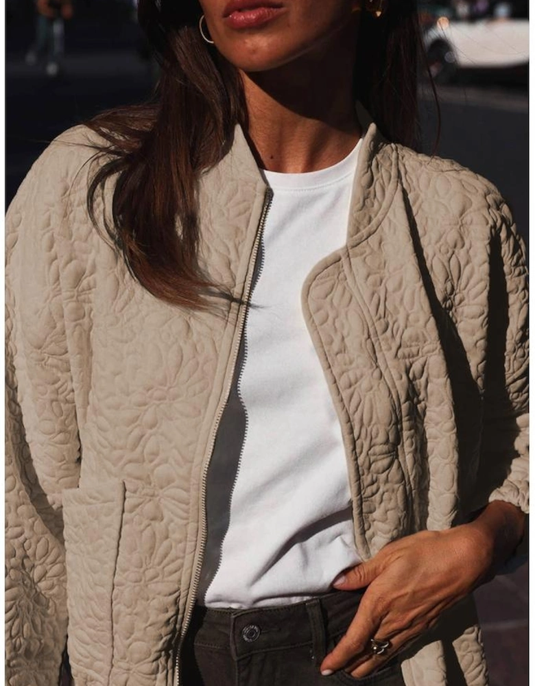 Light French Beige Floral Quilted Jacket