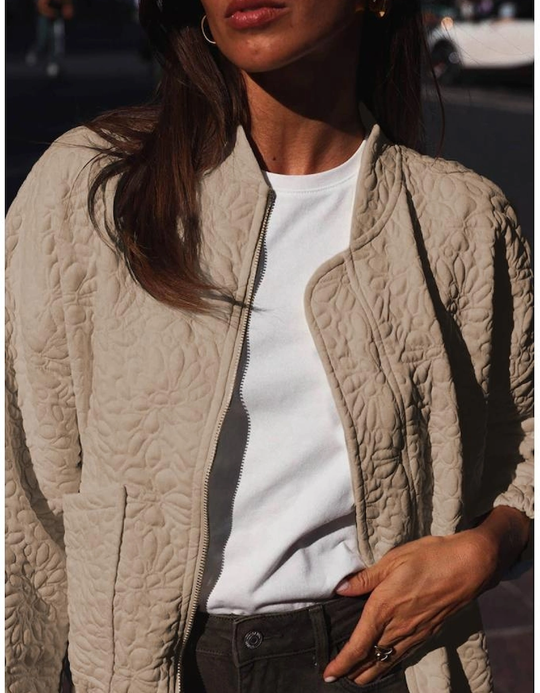 Light French Beige Floral Quilted Jacket