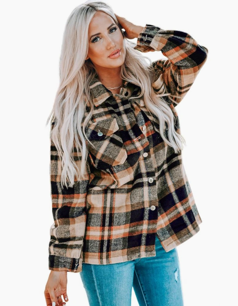 Orange Geometric Plaid Print Pocketed Shacket
