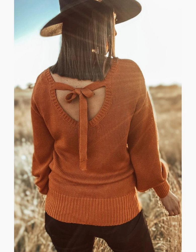 Gold Flame Solid Color Ribbed Trim Drop Shoulder Sweater