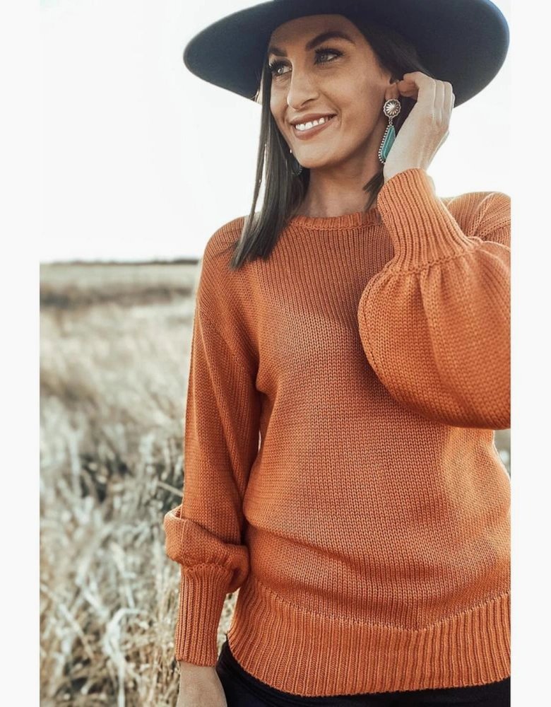 Gold Flame Solid Color Ribbed Trim Drop Shoulder Sweater