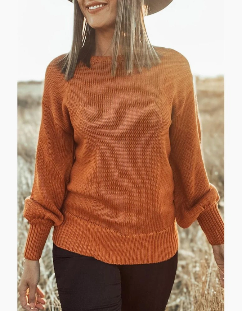 Gold Flame Solid Color Ribbed Trim Drop Shoulder Sweater
