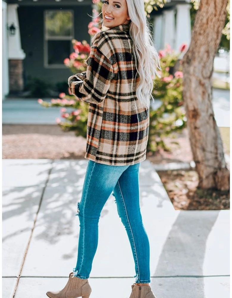 Orange Geometric Plaid Print Pocketed Shacket