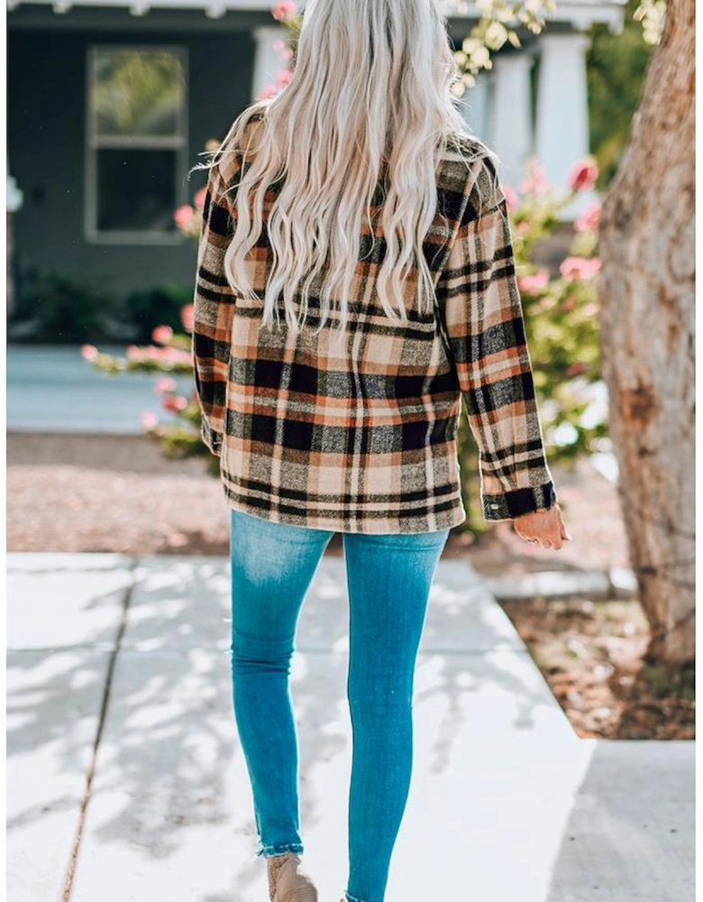 Orange Geometric Plaid Print Pocketed Shacket