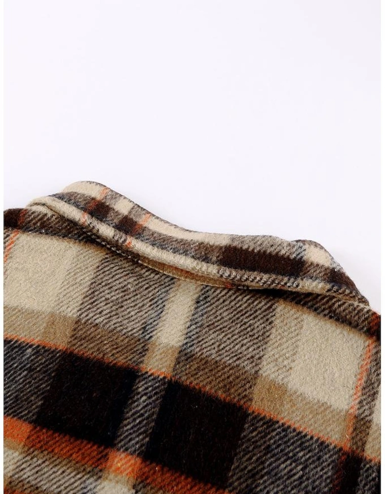 Orange Geometric Plaid Print Pocketed Shacket