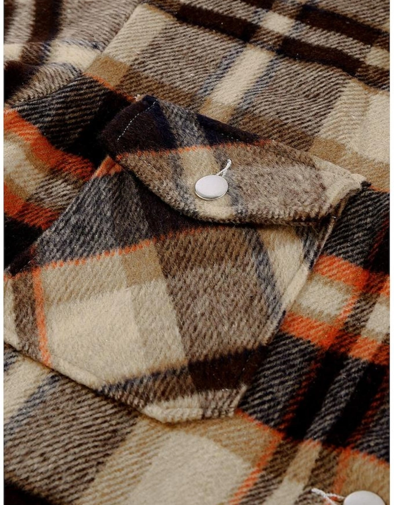 Orange Geometric Plaid Print Pocketed Shacket