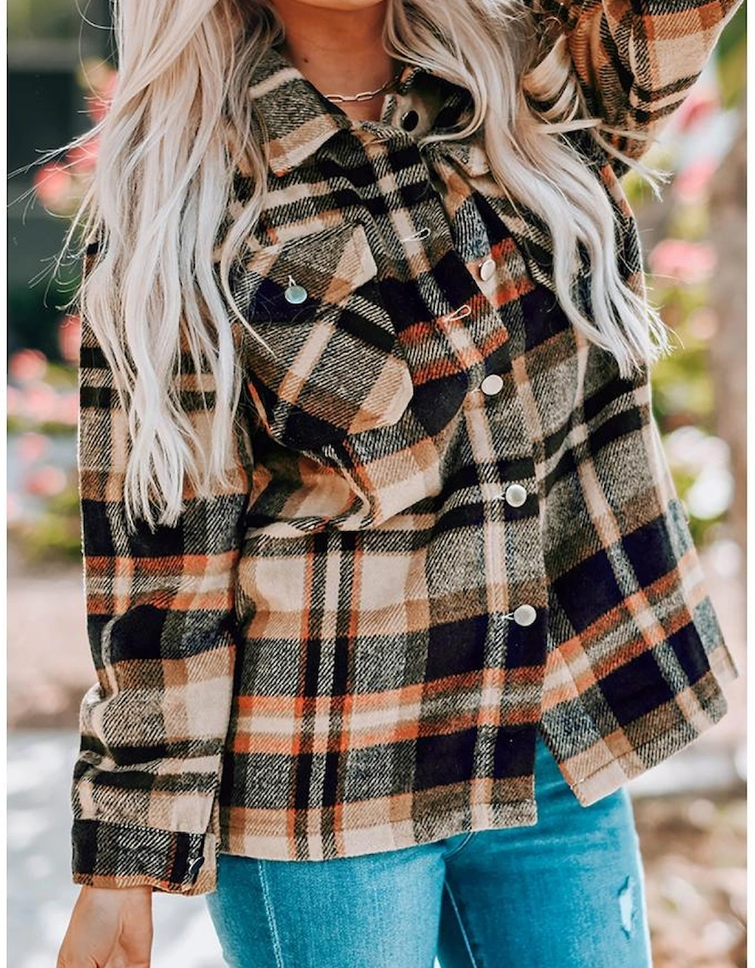 Orange Geometric Plaid Print Pocketed Shacket