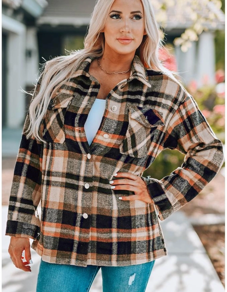 Orange Geometric Plaid Print Pocketed Shacket