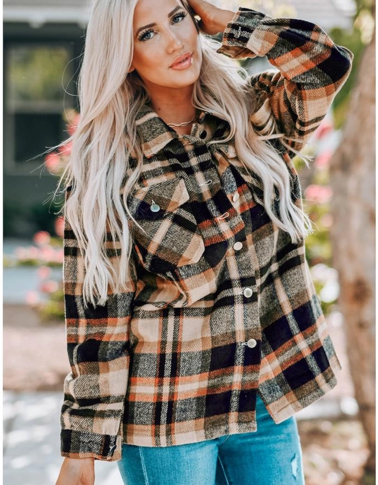 Orange Geometric Plaid Print Pocketed Shacket
