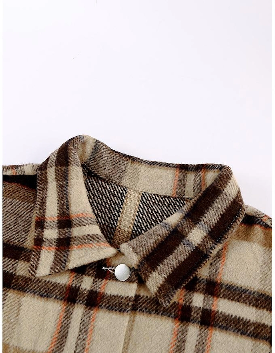 Orange Geometric Plaid Print Pocketed Shacket