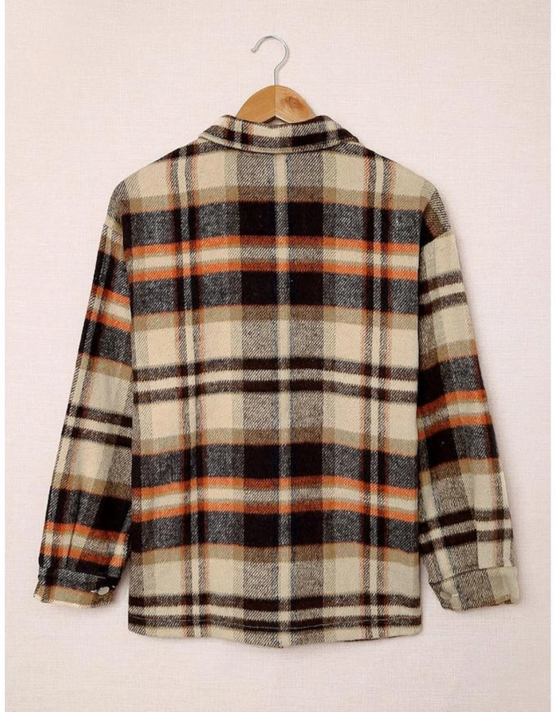 Orange Geometric Plaid Print Pocketed Shacket