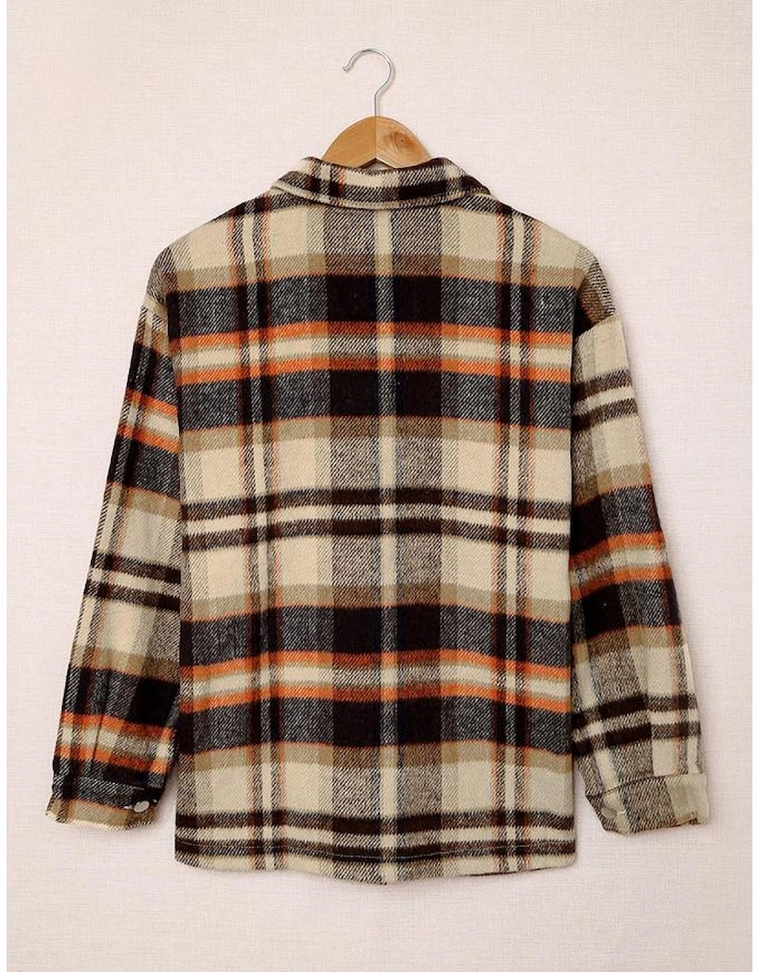 Orange Geometric Plaid Print Pocketed Shacket